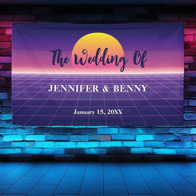 Retro 80s Neon Purple Synthwave Sunset Wedding Banner (Creator Uploaded)
