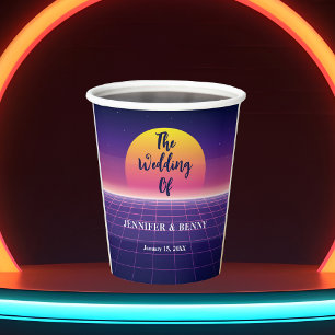 Retro 80s Neon Purple Synthwave Sunset Wedding Paper Cups