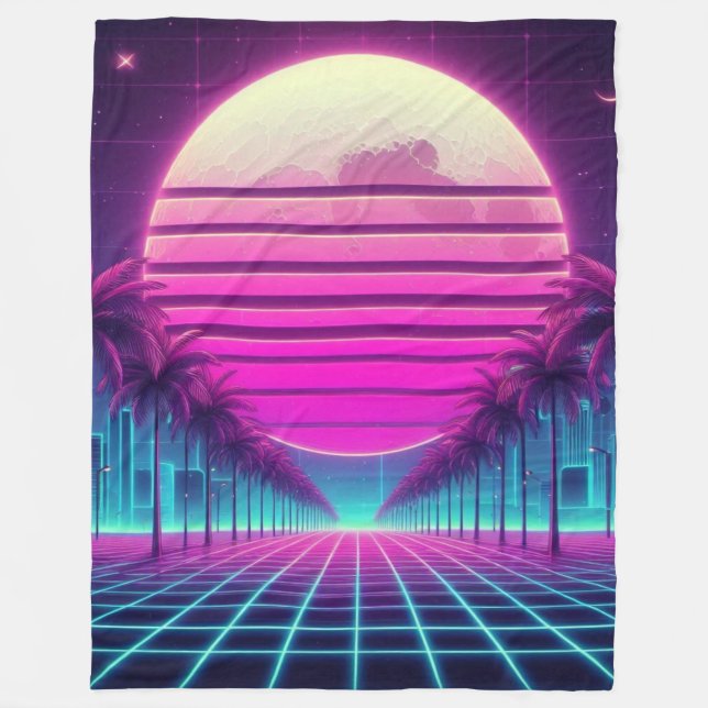 retro, 80s neon sun/palms fleece blanket (Front)