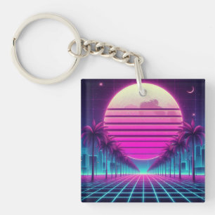 retro, 80s neon sun/palms key ring
