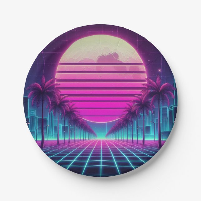 retro, 80s neon sun & palms paper plate (Front)