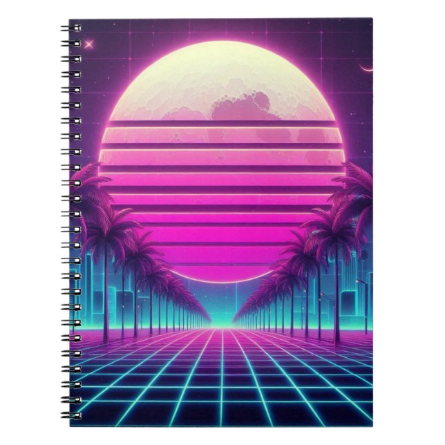 retro, 80s neon sunset/palms notebook (Front)