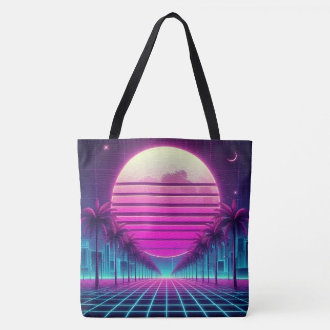 retro, 80s neon sunset palms tote bag (Front)