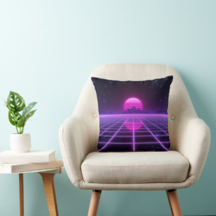 Retro 80s Neon Synthwave Grid Cushion