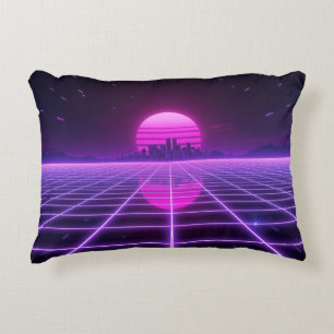 Retro 80s Neon Synthwave Grid Decorative Cushion