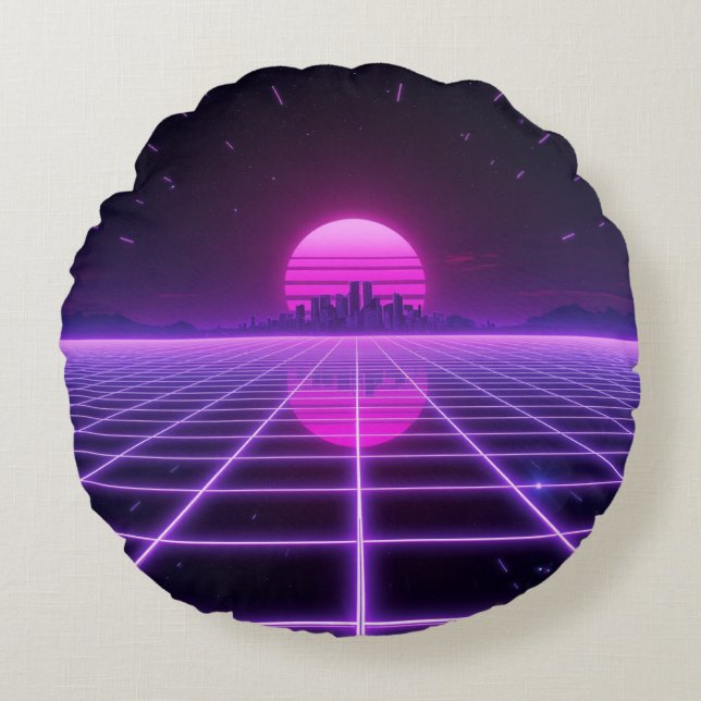 Retro 80s Neon Synthwave Grid Round Cushion (Front)