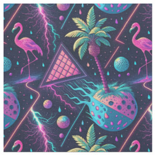 Retro 80s Neon Synthwave Tropical Flamingo Pattern Fabric