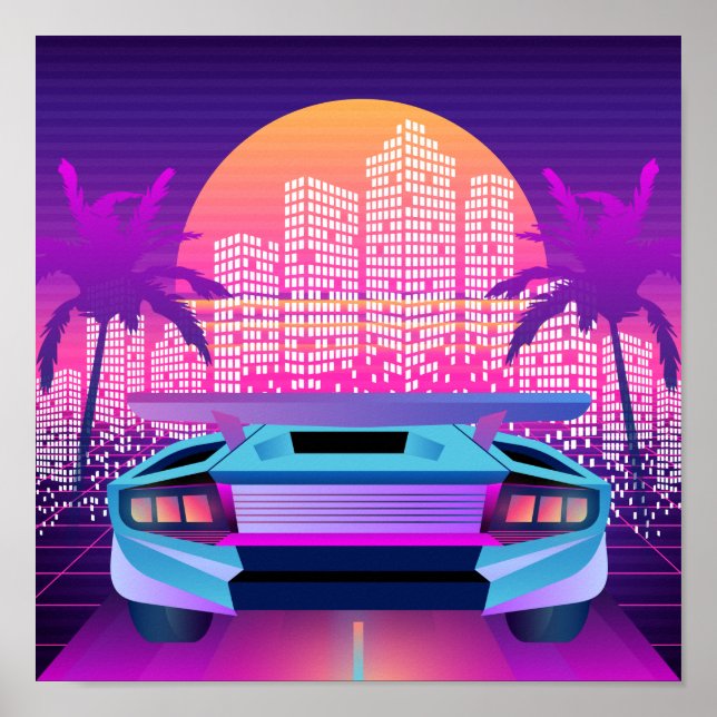 Retro 80s Neon Vaporwave City Sunset and Car Poster (Front)