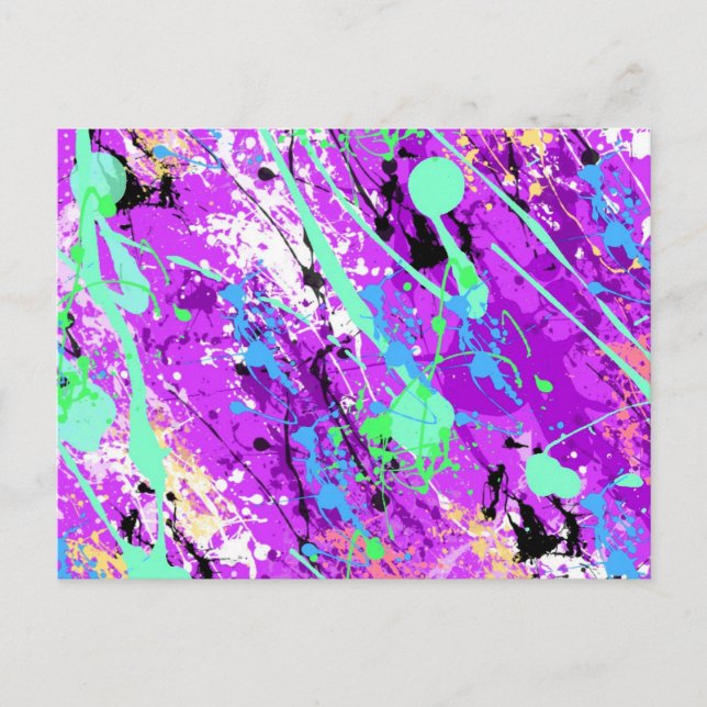 Retro 80's Paint Splatter - Purple Postcard (Front)