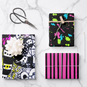 Retro 80s Paint Splatter Stripes Graffiti Doodles Wrapping Paper Sheet