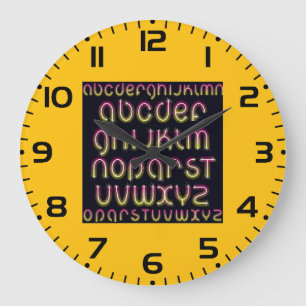 Retro 80s Pink and Yellow Glowing Neon Alphabet Large Clock