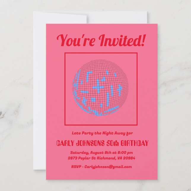 Retro 80s Pink Blue Disco 50th Birthday Party  Invitation (Front)