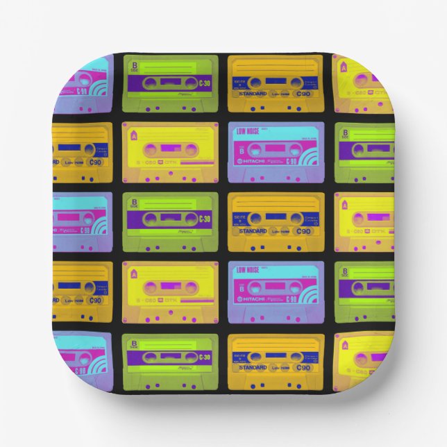 Retro 80s Pop Art Cassette Tapes Paper Plate (Front)