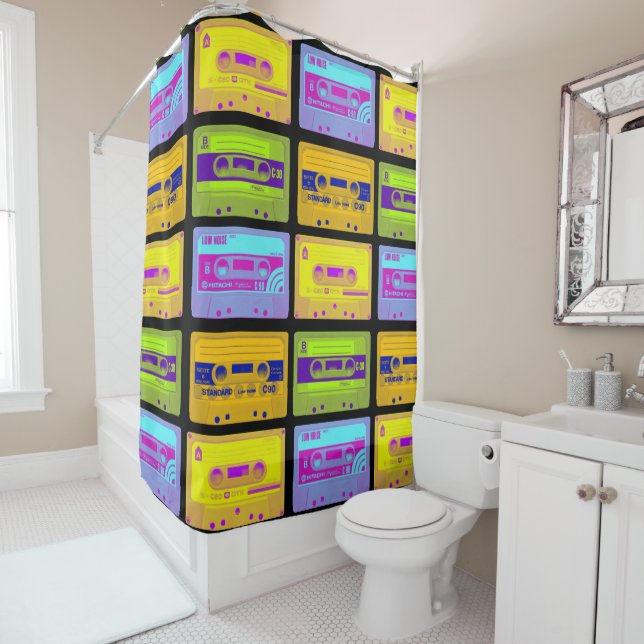 Retro 80s Pop Art Cassette Tapes Shower Curtain (In Situ)