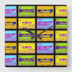 Retro 80s Pop Art Cassette Tapes Square Wall Clock