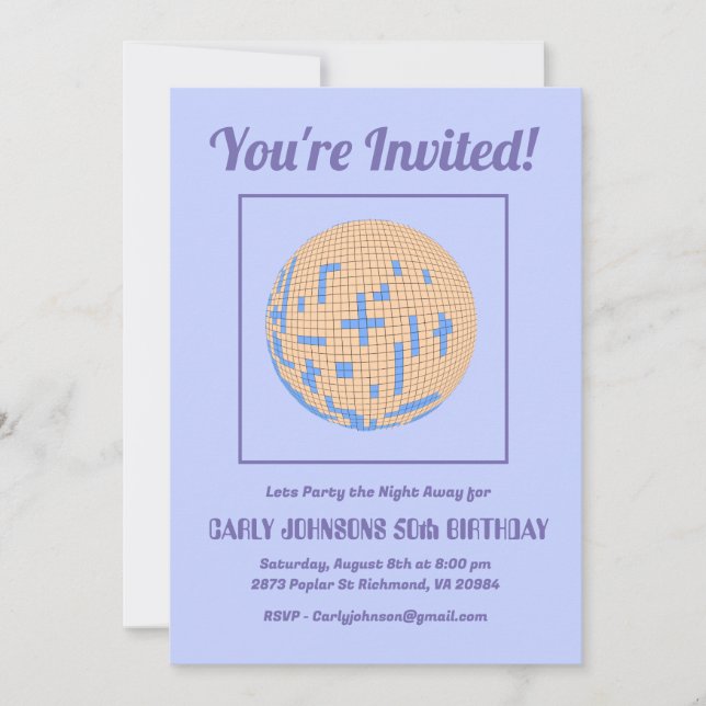 Retro 80s Purple Blue Yellow Disco 50th Birthday  Invitation (Front)