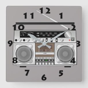 RETRO 80's RADIO CASSETTE TAPE PLAYER WITH NUMBERS Square Wall Clock
