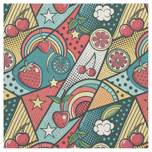Retro 80s Strawberry Pop Art Comic Book Pattern Fabric (Close Up)