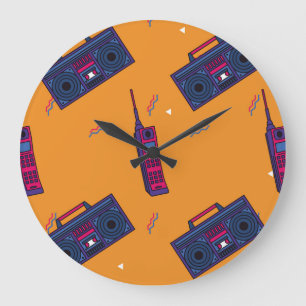 Retro 80s style background, colourful. large clock