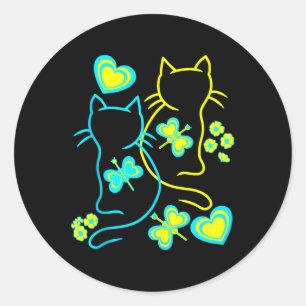 Retro 80s Summer Cats Heart Flowers Cat Kitten Chi Classic Round Sticker