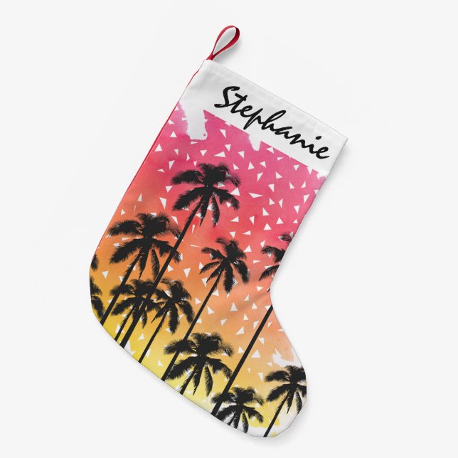 Retro 80's Summer Palm Trees Geometric Triangles Small Christmas Stocking (Front (Hanging))