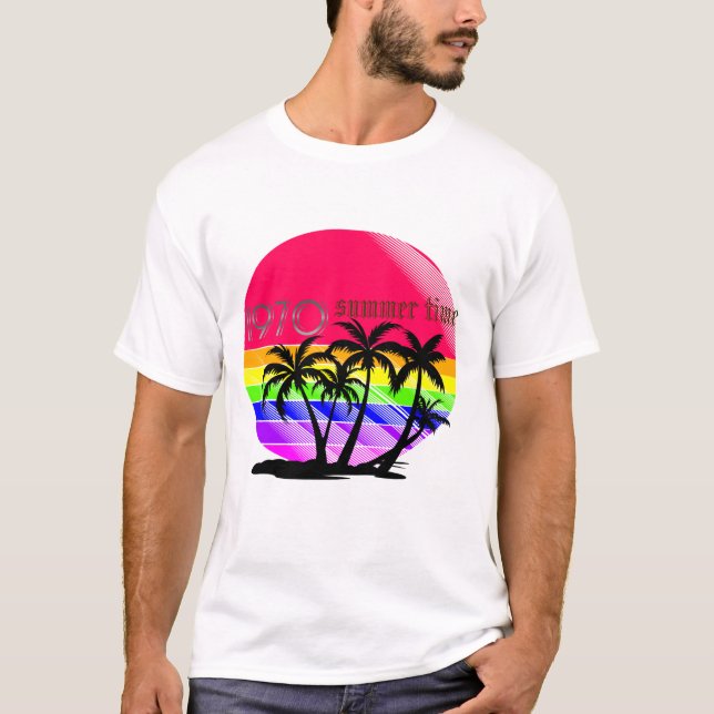 "Retro 80s Summer Vibe T-Shirt - Rainbow Palm Suns (Front)