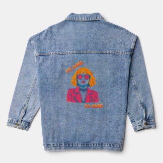 Retro 80s Synthwave Girl "Too Cool To Care" Denim Jacket