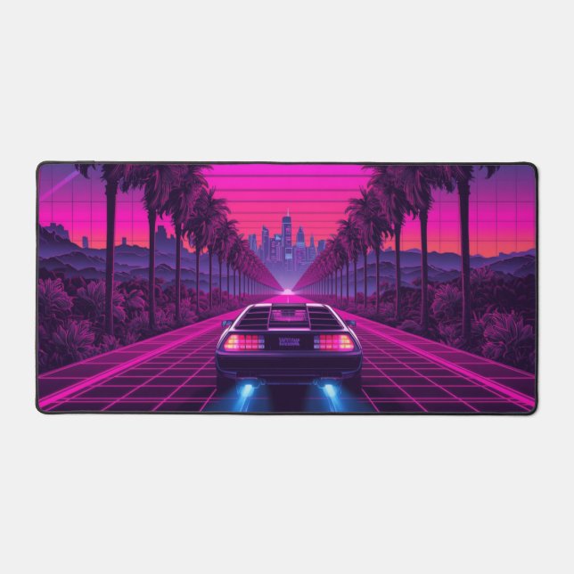Retro 80s Synthwave Neon Car Desk Mat & Mousepad (Front)
