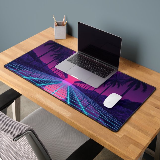 Retro 80s Synthwave Neon Sunset Desk Mat (Office 2)