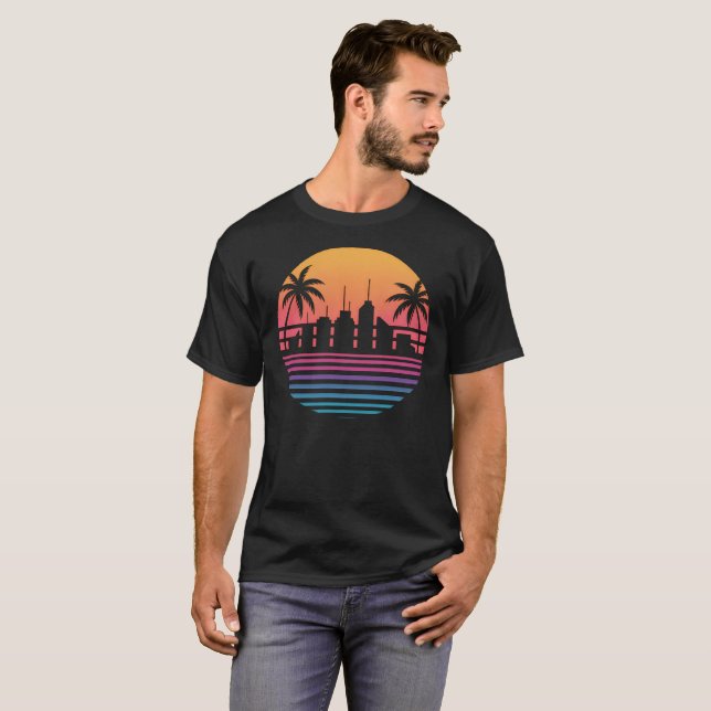 Retro 80s Synthwave Sunset City Skyline Palm Trees T-Shirt (Front Full)