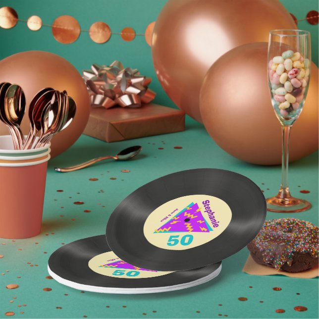 Retro 80s Themed 50th Birthday Party Faux Record Paper Plate (Multi)
