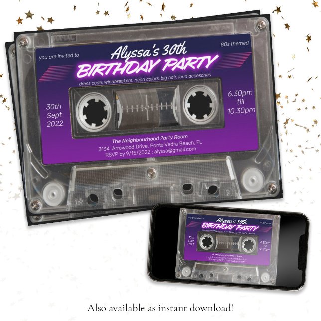 Retro 80s Themed Cassette Mixtape Birthday Party Invitation (Retro 80s Themed Cassette Mixtape Birthday Party Invitation)