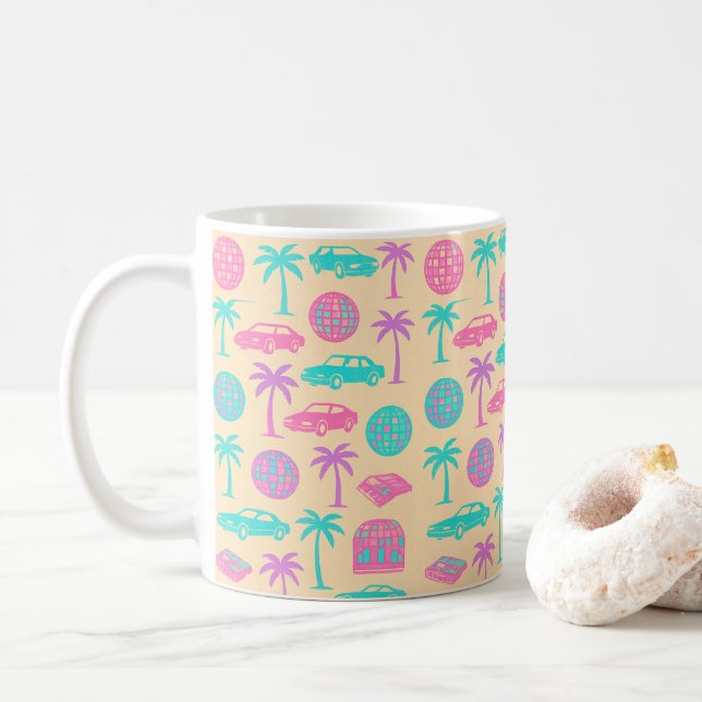Retro 80s Tropical Vibes Pattern Mug (With Donut)