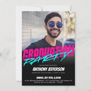 Retro 80s Typography Neon Fun Graduation Custom Invitation