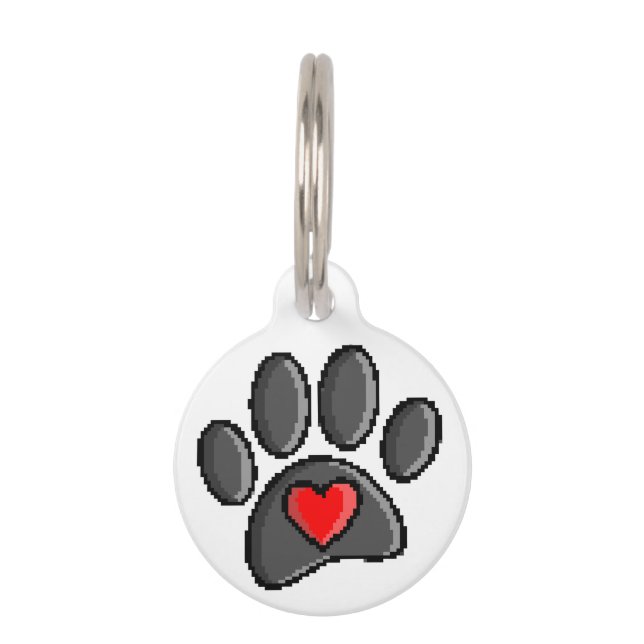 Retro 80s Video Game 8 Bit Pixel Art Dog Paw Print Pet Tag (Front)
