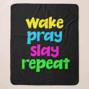 Retro 80's Vintage Neon Sign Wake Pray Slay Repeat Sherpa Blanket