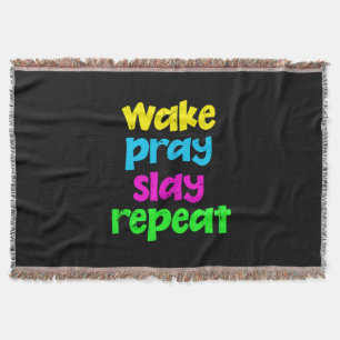 Retro 80's Vintage Neon Sign Wake Pray Slay Repeat Throw Blanket
