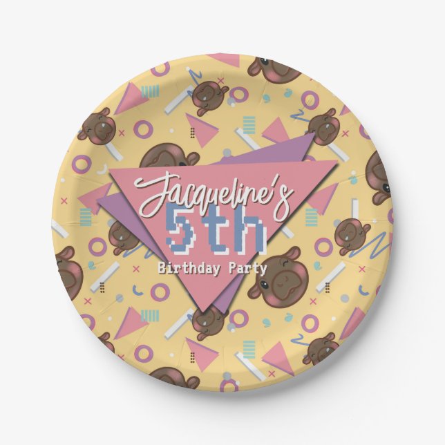 Retro 80's Yellow Baby Hippo Birthday Paper Plate (Front)