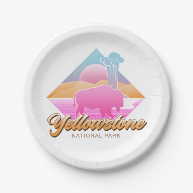 RETRO 80S YELLOWSTONE NATIONAL PARK VAPORWAVE PAPER PLATE (Front)