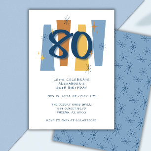 Retro 80th Birthday Midcentury Modern Blue Invitation