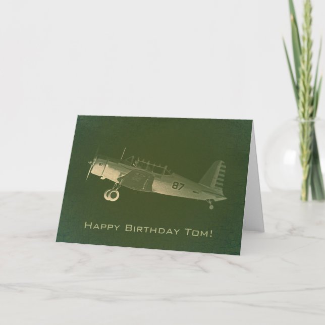 Retro #87 Green Aeroplane Birthday Card (Front)