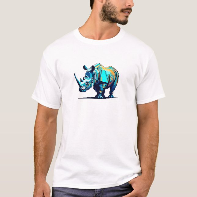 Retro 8-Bit Pixel Art Rhinoceros Cyan Orange Gamer T-Shirt (Front)