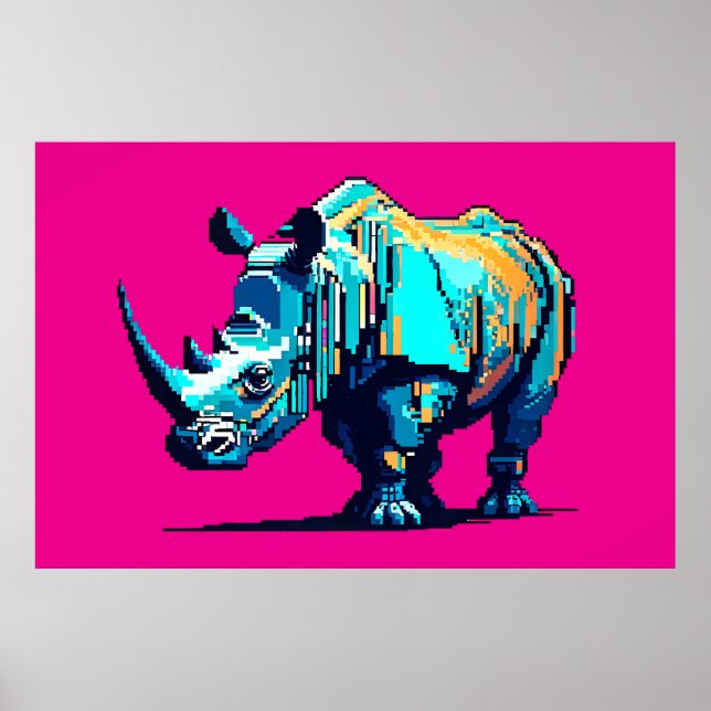 Retro 8-Bit Rhinoceros Pixel Art Gamer Room Poster (Front)