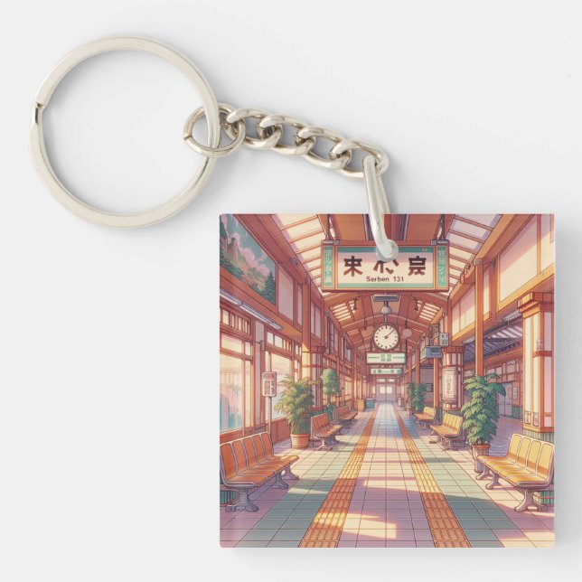 Retro 90s Anime Japan Train Station Key Ring (Front)