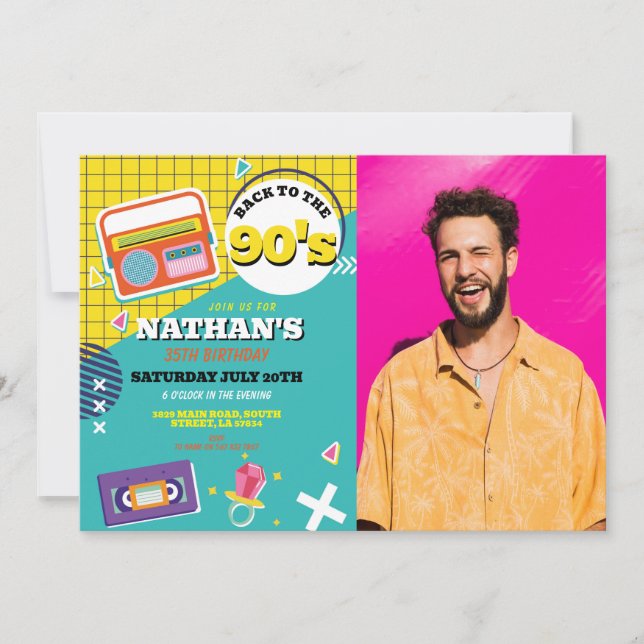Retro 90s Birthday Nineties Mens Photo Party Invitation (Front)