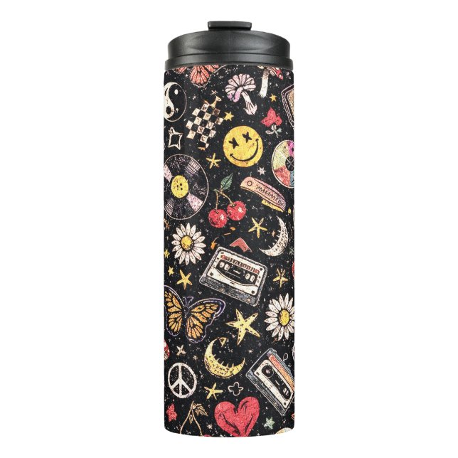 Retro 90s Celestial Psychedelic Pattern with Smile Thermal Tumbler (Front)