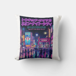 Retro 90s City Pop Night: Neon Tokyo & Osaka Rain  Cushion