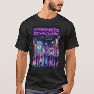 Retro 90s City Pop Night: Neon Tokyo & Osaka Rain T-Shirt