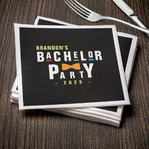 Retro 90s Colourful Bowtie Bachelor Party Black Napkin