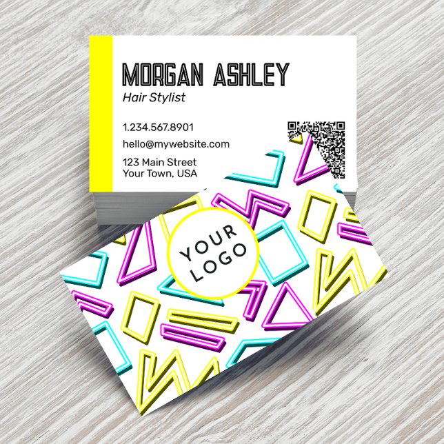 Retro 90s Geometric Yellow Accents QR Code Business Card (Creator Uploaded)